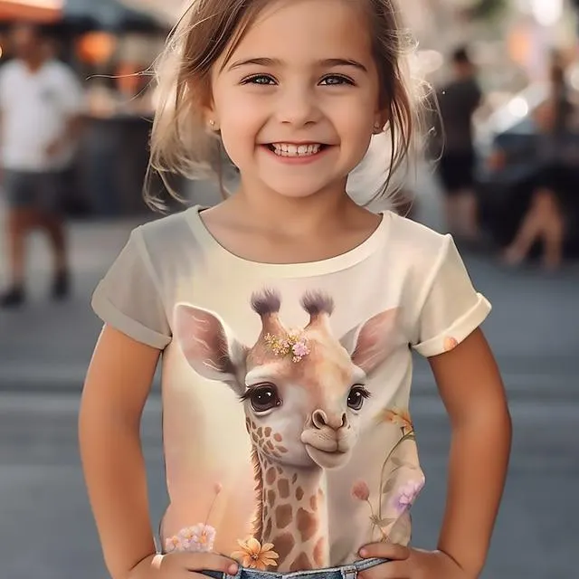 Chica 3D Graphic Caricatura Jirafa Camiseta Manga Corta Impresión 3D Verano Primavera Activo Moda Estilo lindo Poliéster Niños 3-12 años Exterior Casual Diario Ajuste regular