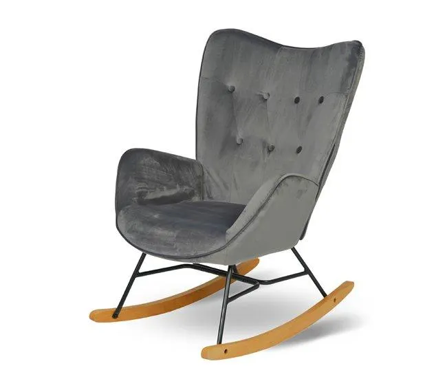 Poltrona De Balanço Moderna Estofada Em Veludo Cinza Escuro Com Estrutura Metálica Preta E Pés Curvos Em Madeira De Faia, Assento Acolchoado Ergonômico E Encosto Alto Ideal Para Sala De Estar Ou Quarto