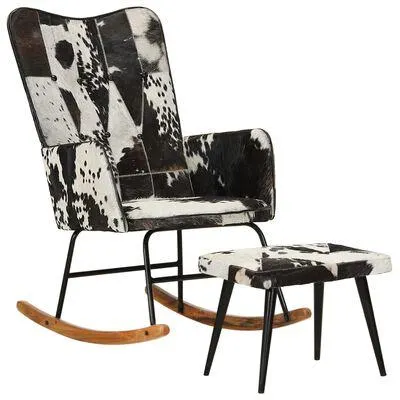 vidaXL Cadeira de baloiço com apoio de pés couro genuíno preto