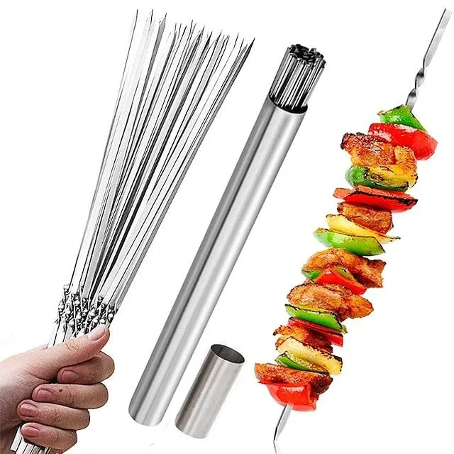 set van 15 spiesjes & 1 buis opslag roestvrijstalen kabob spiesjes heavy duty grillspiesjes barbecue spiesjes resuable bbq sticks voor shish vlees garnalen kip platte spiesjes