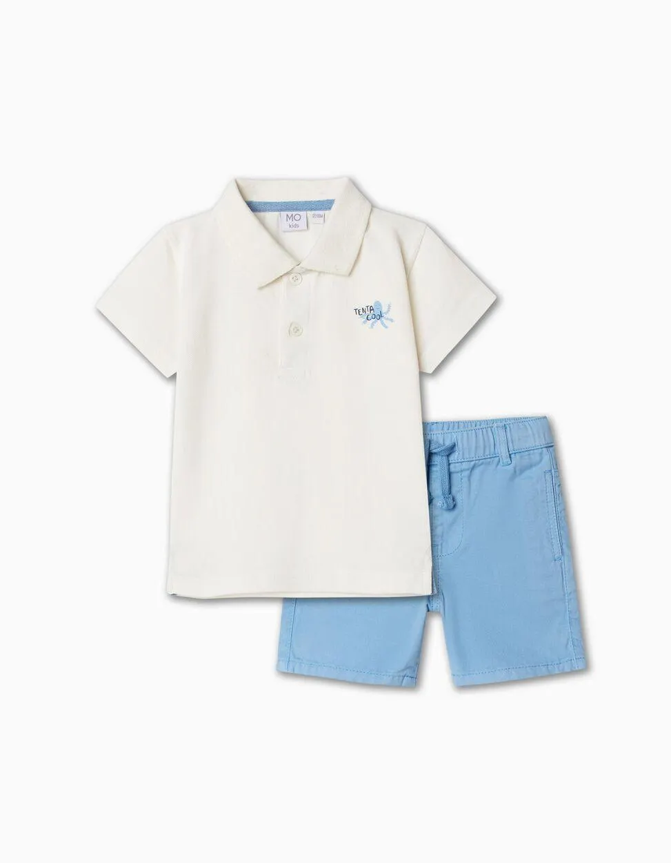 Conjunto Polo + Calções, Bebé Menino, Bege Claro/Azul Claro