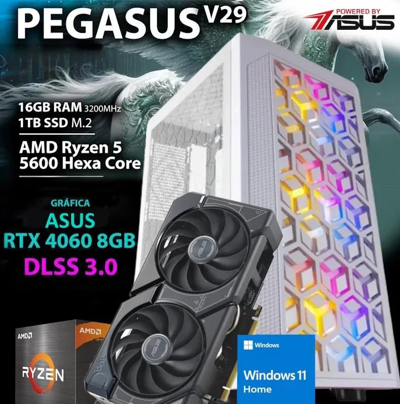 COMPUTADOR GAMING - AMD Ryzen 5 5600 / RTX 4060 8GB / 16GB RAM / 1TB SSD / Windows 11 Home / DLSS 3.0 - CHIP7 PEGASUS V29 Powered by ASUS