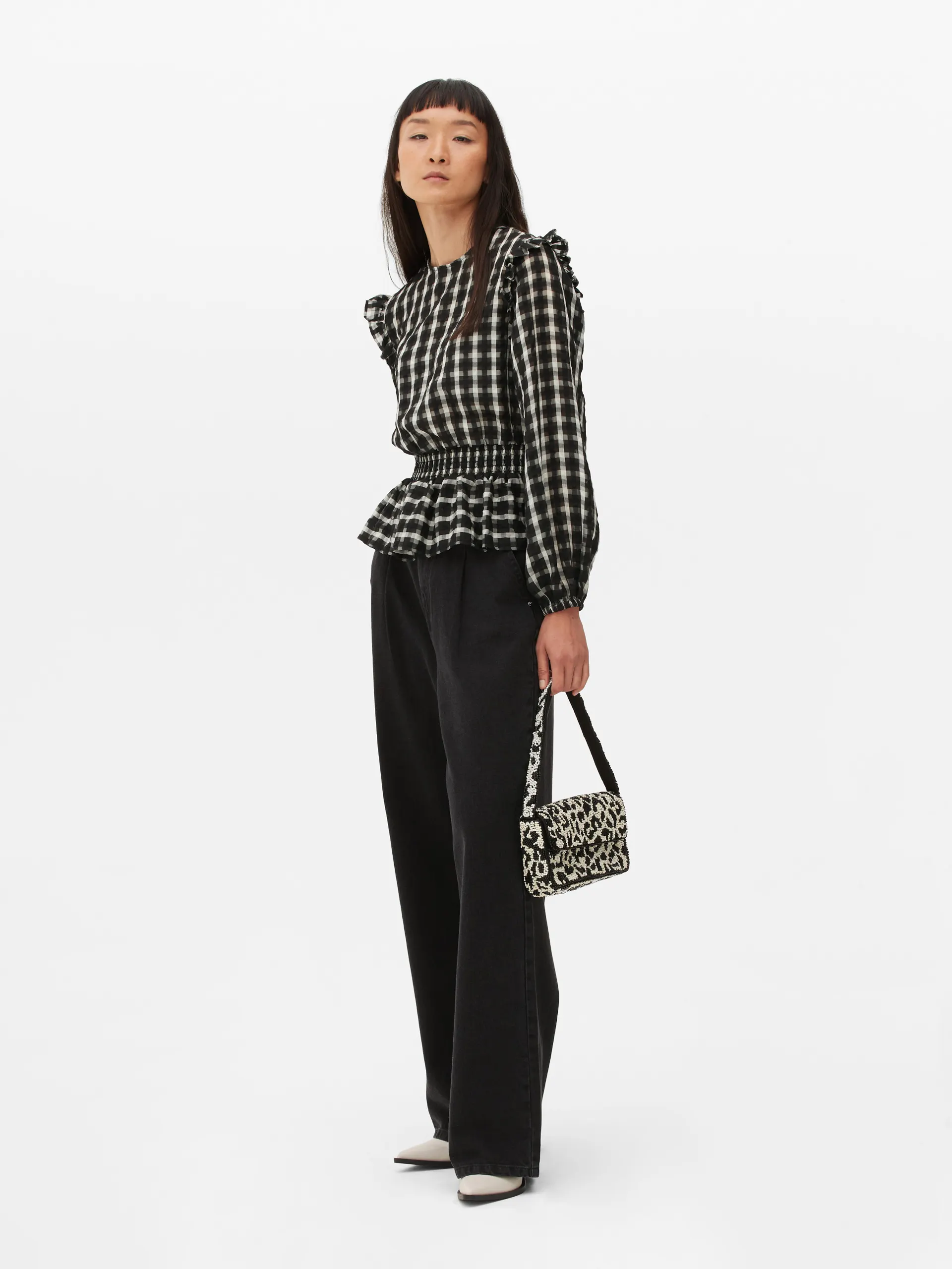 Camicetta peplum a maniche lunghe stampa a quadri