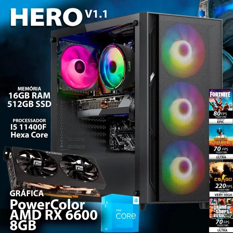 COMPUTADOR GAMING - I5 11400F / AMD RX 6600 8GB / 16GB RAM / 512GB SSD - CHIP7 HERO V1.1