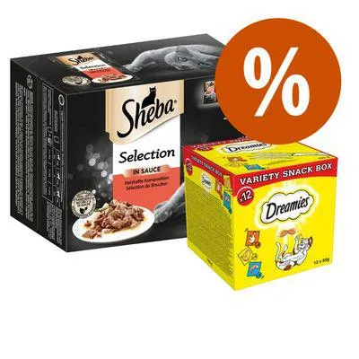 Sheba Variedades 48 x 85 g + Catisfactions snacks 12 x 60 g a preço especial!