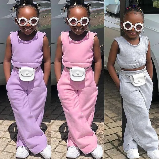Voor meisjes 3D Effen Kleur Set Mouwloos Zomer Zoet Katoen Polyester Peuter 2-8 jaar Vakantie Ruim Passend