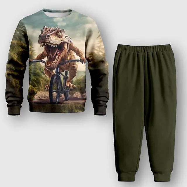Jongens 3D dier Dinosaurus Trui & broek Lange mouw 3d printen Herfst Winter Actief Modieus Stoer Polyester Kinderen 3-12 jaar Buiten Straat Vakantie Normale pasvorm