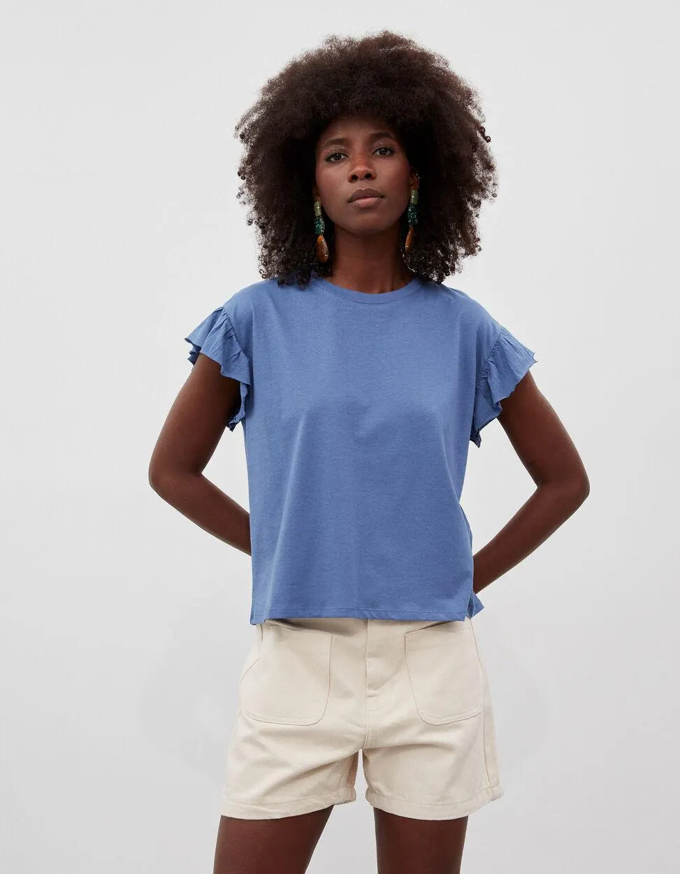 T-shirt Folhos, Mulher, Azul