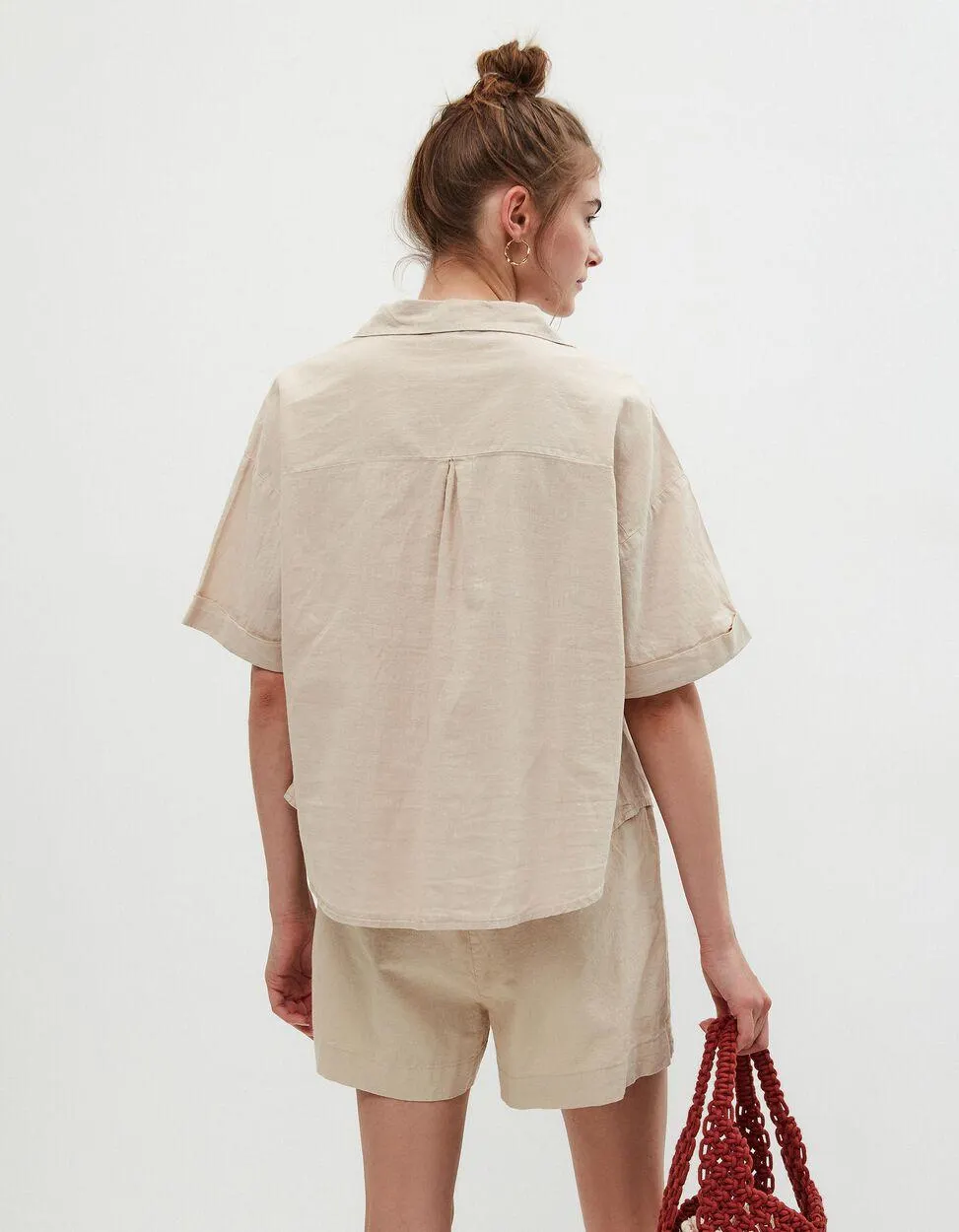Camisa de Manga Curta Mistura de Linho, Mulher, Bege Claro