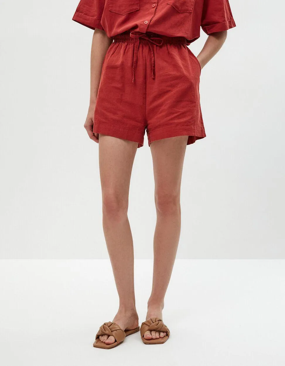 Calções Mistura de Linho, Mulher, Laranja Escuro