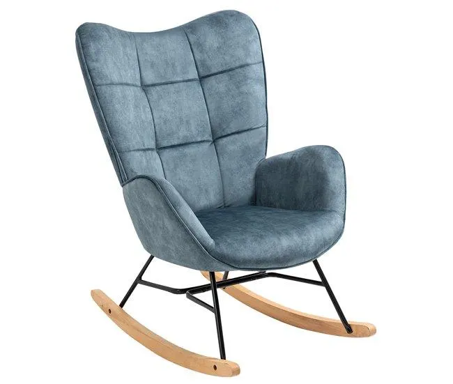 Cadeira De Balanço Estofada Em Tecido Tipo Veludo Azul Com Estrutura Metálica Preta E Base Curva Em Madeira Natural, Design Nórdico Moderno, Encosto Alto E Assento Acolchoado Ergonómico Ideal Para Sala, Quarto Ou Espaço De Leitura