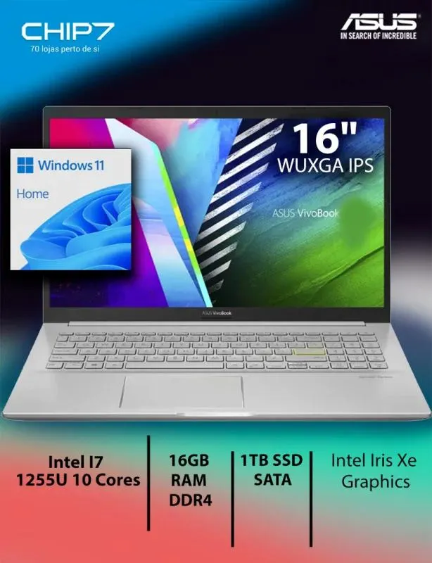 Portátil ASUS - I7 1255U / 16GB RAM / 1TB SSD / 16" / Windows 11 Home - VIVOBOOK F1605ZA-72BLHDSB1