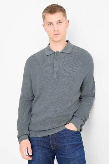Long sleeve polo shirt - regular fit - knitted - textured