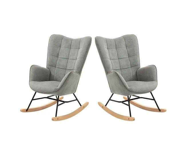 Cadeiras De Balanço Em Tecido Cinzento Com Encosto Alto Ergonómico E Pernas Curvas Em Madeira, Design Acolchoado Em Quadrados Para Sala Ou Quarto Infantil, Conjunto De 2, Suporta Até 120 Kg, Ideais Para Amamentação, Leitura E Momentos De Relaxamento