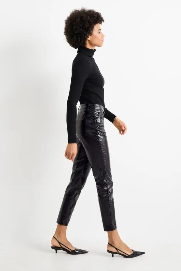 Trousers - mid-rise waist - slim fit - faux leather