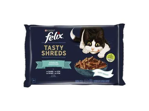 comida húmida para gato felix tasty shreds salmão e atum 4x80g