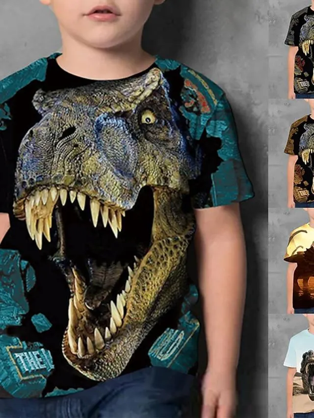 Kinderen Jongens T-shirt Korte mouw Dinosaurus 3D-afdrukken Kleurenblok dier Ronde hals Snel Drogend blauw Geel Khaki Kinderen Tops Zomer Basic Street chic Causaal 3-12 jaar