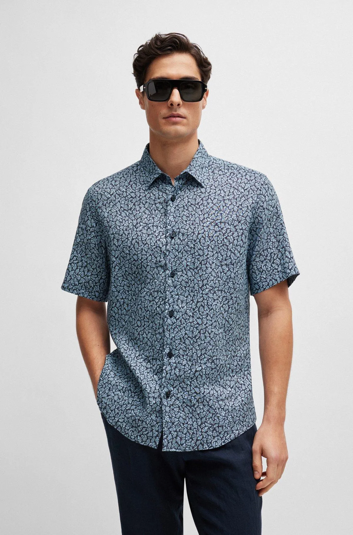 Camisa regular fit de lino elástico estampado