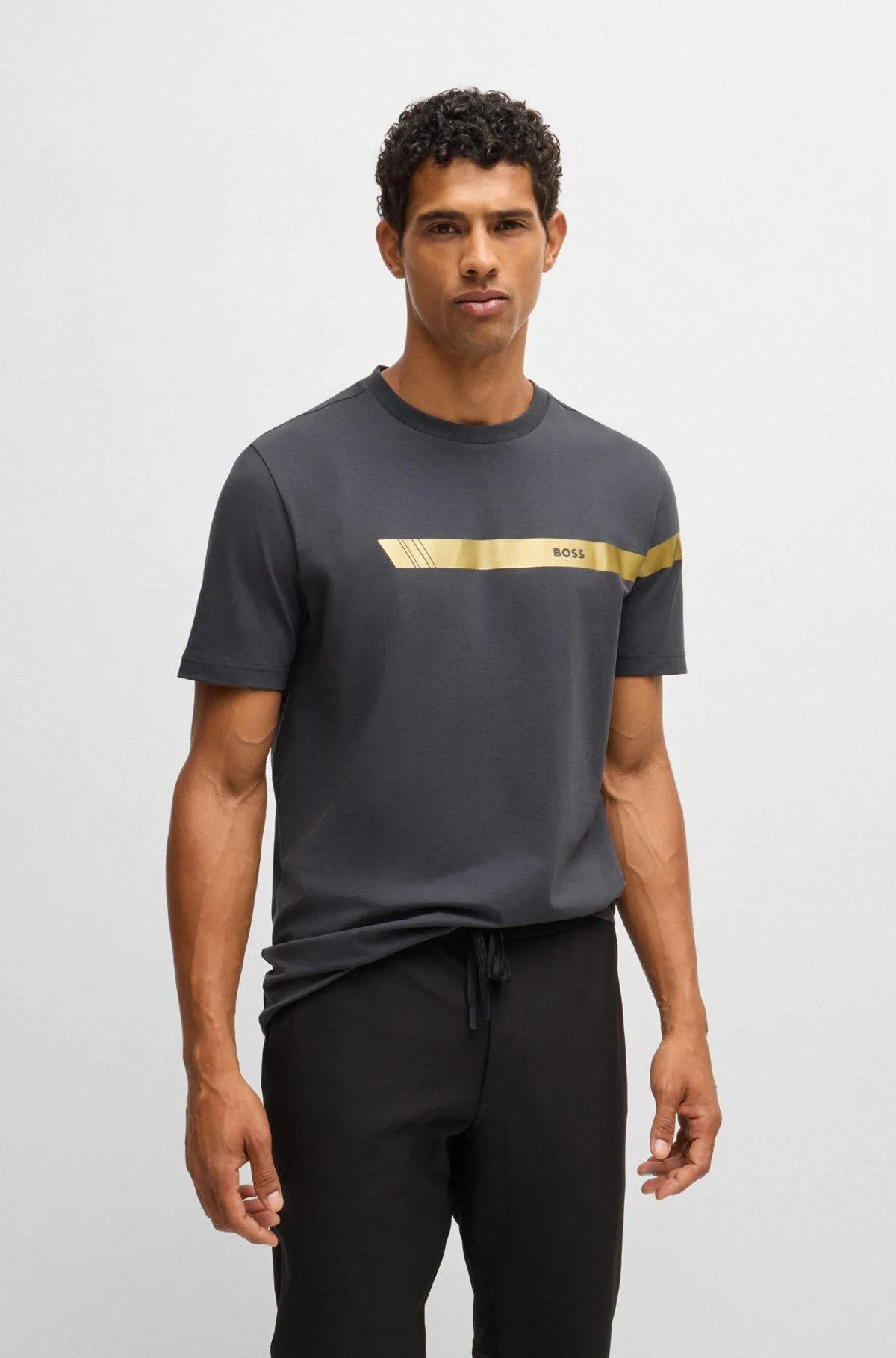 T-shirt de ajuste regular em algodão elástico com risca de logótipo