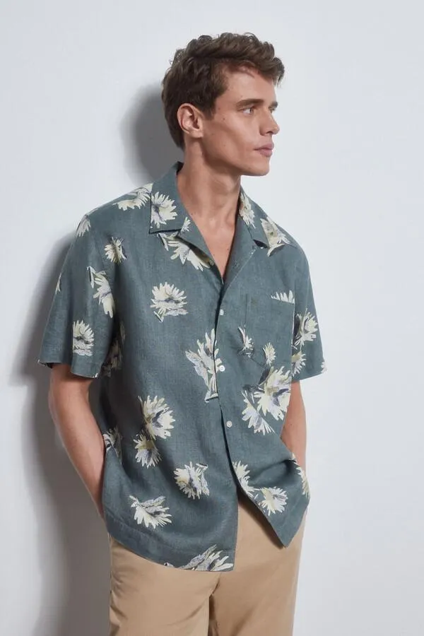 Camisa lino estampada manga corta