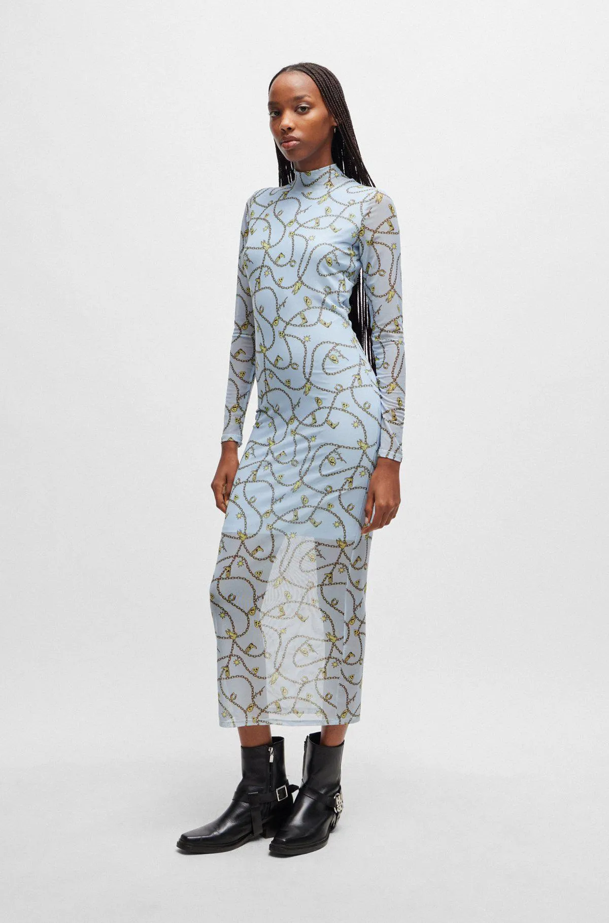 Vestido de malha elástica com estampado de corrente sazonal