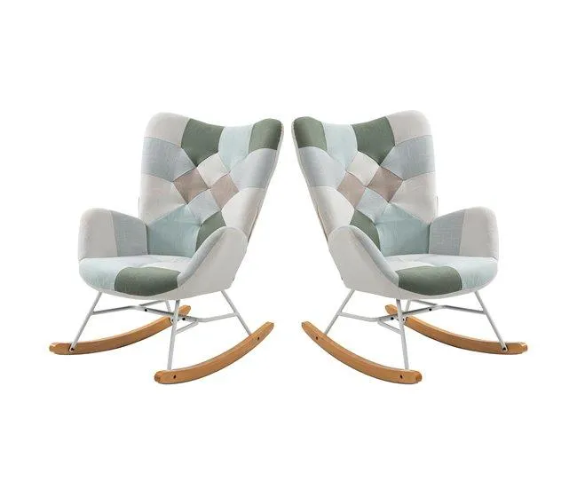 Cadeiras De Balanço Patchwork Com Encosto Alto Ergonómico E Pernas Curvas Em Madeira, Design Moderno Para Sala Ou Quarto Infantil, Conjunto De 2, Suporta Até 120 Kg, Assento Acolchoado Ideal Para Amamentação, Leitura E Relaxamento