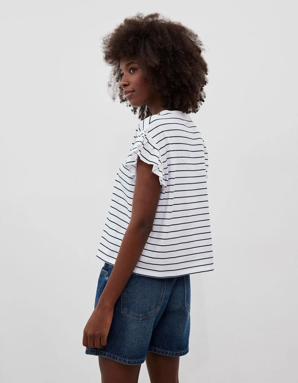 T-shirt Riscas Folhos, Mulher, Azul Escuro