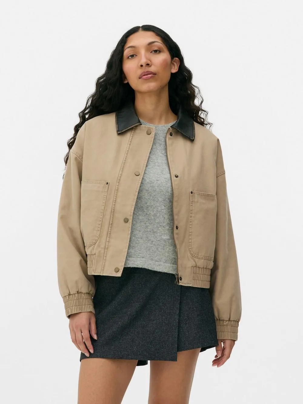 Faux Leather Collar Canvas Jacket