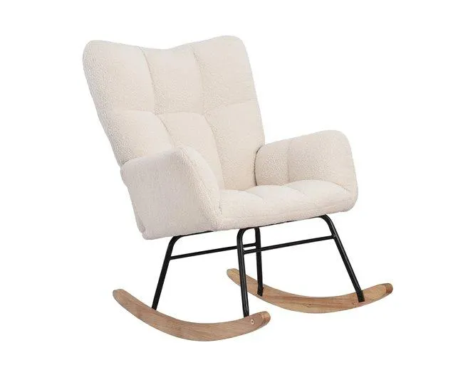 Poltrona de Balanço de Pelúcia Branca com Encosto Fixo, Acolchoada, Estrutura de Metal com Base de Madeira, Apoios de Braço