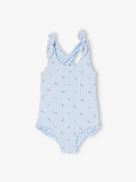 Fato de banho reversível, vichy/riscas e flores, para bebé menina