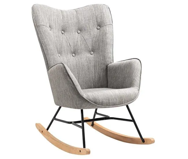 MEUBLES COSY Cadeira De Balanço De Relax Estofada Em Tecido Cinza Com Encosto Alto Ergonómico Apoios De Braço Acolchoados Base Em Madeira Natural E Metal Design Moderno Medidas 98x68x85 Cm Suporta Até 120 Kg Ideal Para Sala Quarto