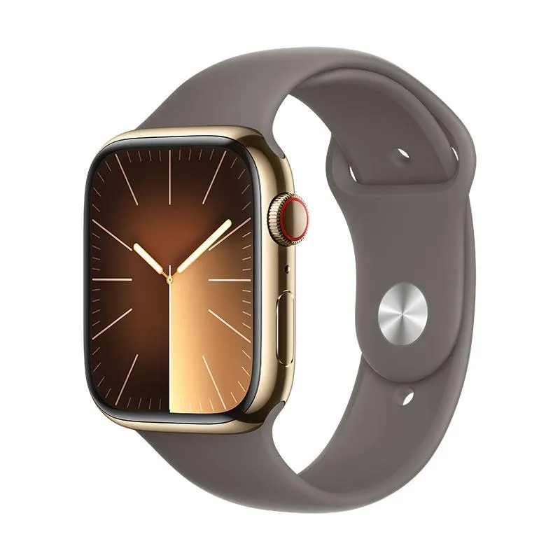 Apple Watch 9 GPS + Cell Dourado em aço, 45mm + Bracelete desportiva argila S/M.