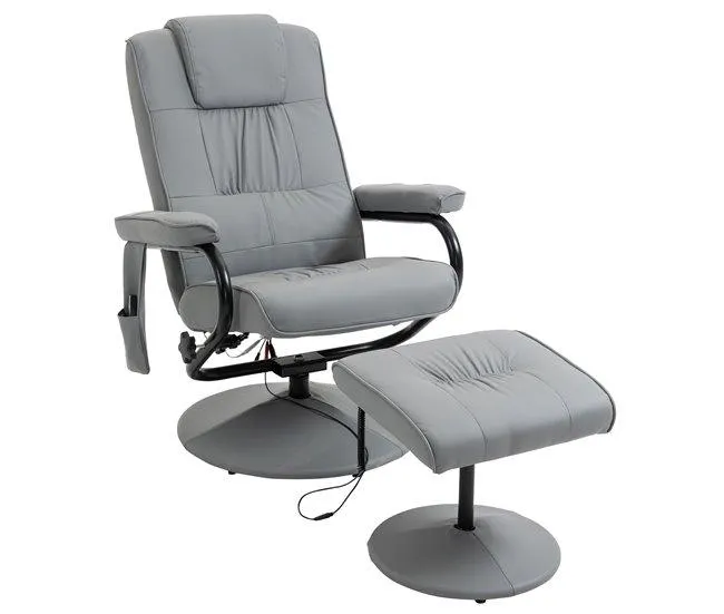 HOMCOM Poltrona de Massagem Elétrica com Banco para Apoiar os Pés Poltrona Relax Giratório Reclinável em até 145° com Controle Remoto e 10 Pontos de Massagem Estofado em PU 77x84x102 cm Cinza