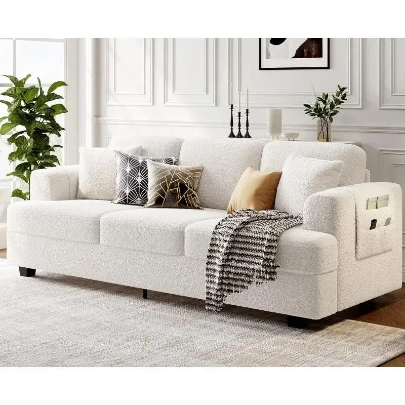 Deep Seat Sofa 89" with Throw Pillow, Modern Sofa, Couches for Living Room, Comfy Sofa, Sleeper Couch, Bouclé, Offwhite/Brown