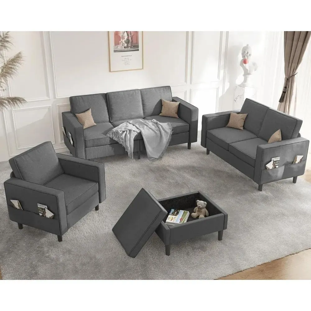 Living Room Sofas, 4 Pcs Sofa Couch Set with Storage Ottoman, 1+2+3+0 Sofa Set, Living Room Sofas