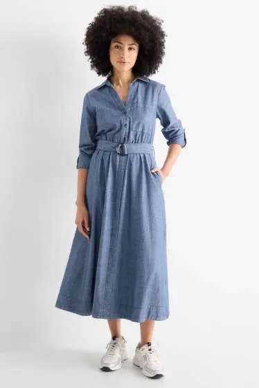 Fit & flare dress with belt - denim look
