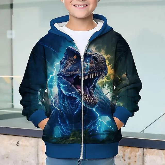 Jongens 3D Dinosaurus Trui met capuchon Jas Overkleding Lange mouw 3D-afdrukken Herfst Winter Modieus Streetwear Stoer Polyester Kinderen 3-12 jaar Buiten Casual Dagelijks Normale pasvorm
