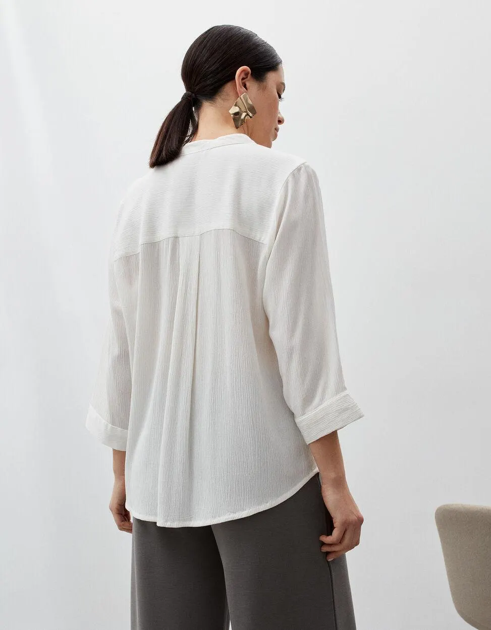 Blusa Rústica Decote em V, Mulher, Bege Claro