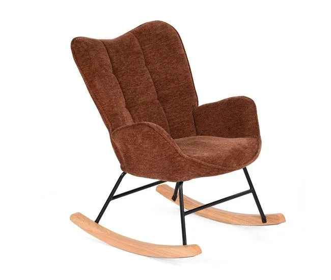 Poltrona De Balanço Para Interior Com Encosto Alto E Assento Acolchoado Em Tecido Macio Cor Vermelho Tijolo Com Pés De Madeira Curvos E Estrutura Metálica Estilo Escandinavo Moderno Perfeita Para Sala De Estar Quarto Ou Cantinho De Leitura