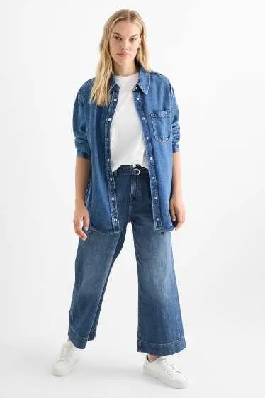 Cropped wide leg jeans with belt - mid-rise waist