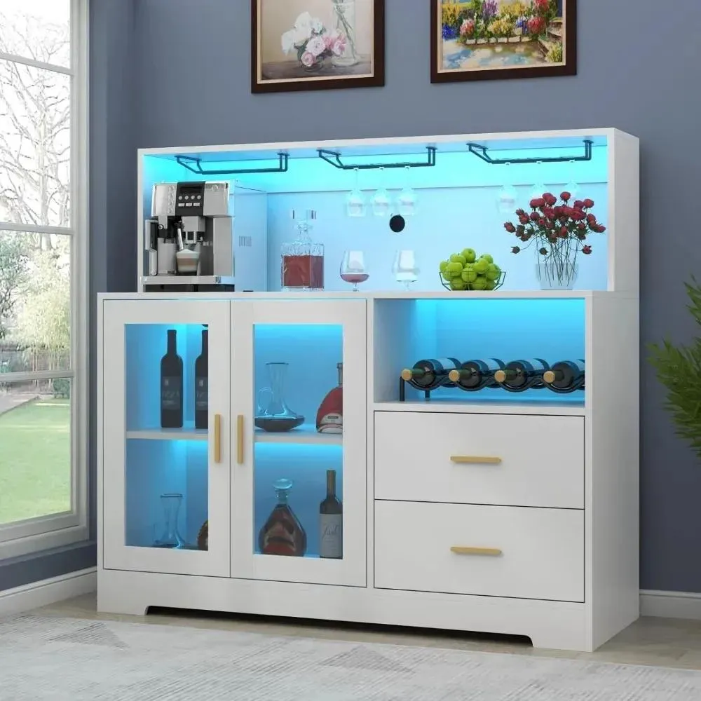 Wine Bar Cabinet with LED Light, Home Coffee Cabinet with Wine and Glass Rack, Modern Liquor Cabinet for Living Room