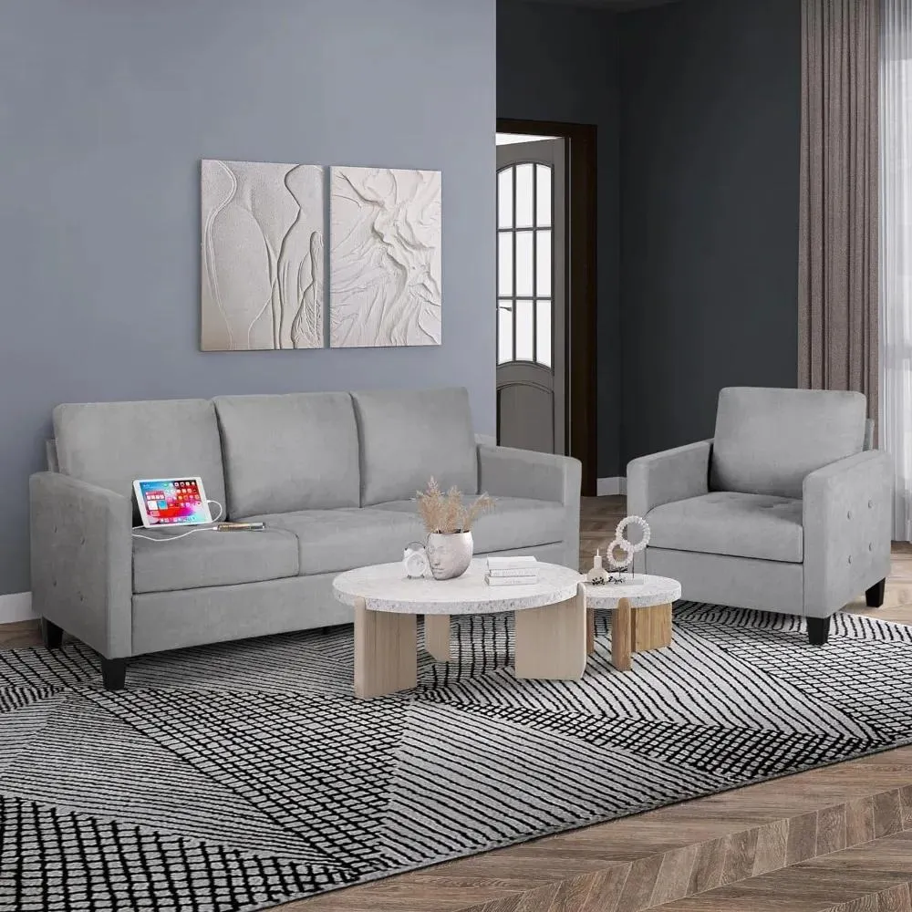3 Person Seater Couch Sofa with USB Ports, Grey Comfy Couches for Small Spaces, Mid Century Modern Gray Couch,72" W