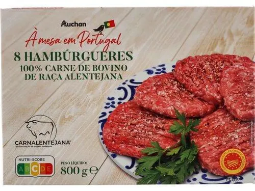 hambúrgueres dop auchan à mesa em portugal 100% bovino alentejano 8x100g