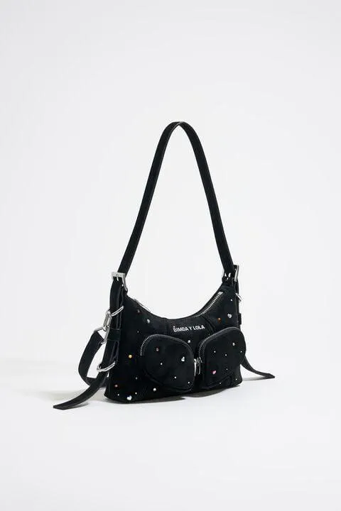 Mala Hobo Pocket XS pele Swarovski preto