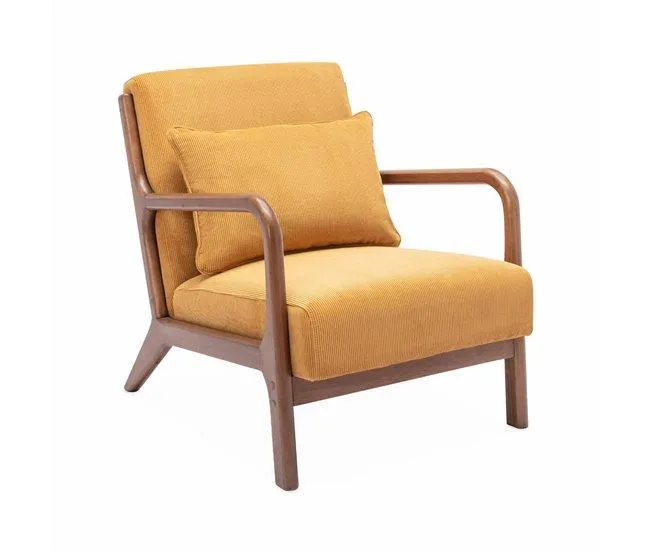 Cadeirão escandinavo em veludo cotelê e madeira de hevea, Lorens, Ocre, 65x80x79 cm