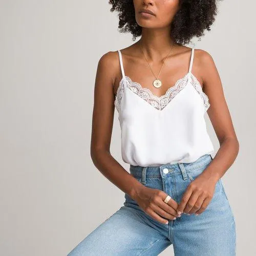 Top com decote em V, alças finas