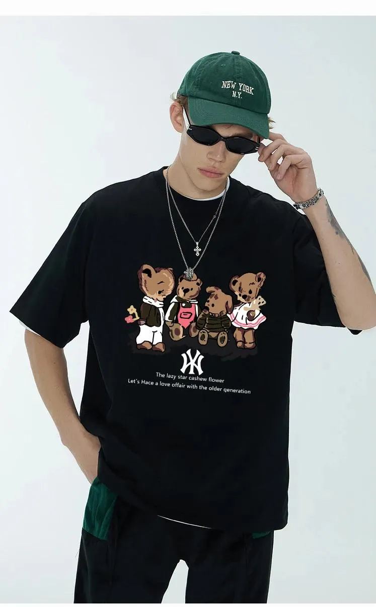 New Printed Bear Short Sleeve T-shirt for Men's and Women's Trendy Couples Spring and Summer Cotton Half-sleeved Tops