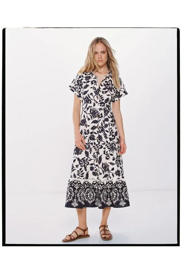 Vestido Midi Camisero Estampado Bicolor