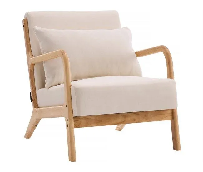 Poltrona "Clinton" em madeira estilo escandinavo - Linho - Bege