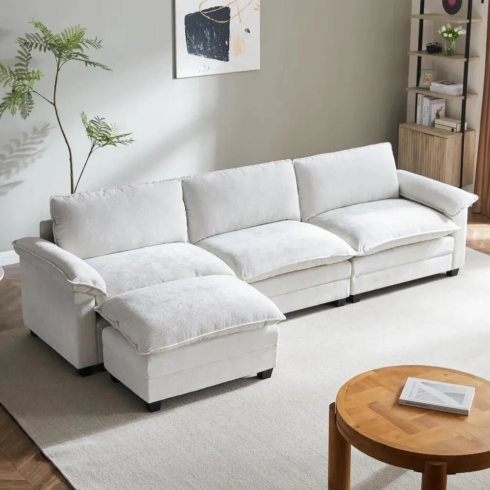 Modern Sectional Sofa, Deep 3-Seat Sofa Couch with Ottoman, Chenille Sofa Sleeper Comfy Upholstered Furniture for Living Room